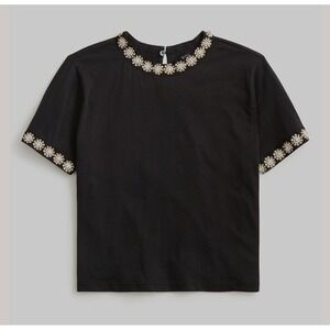 J.Crew Women Lg Black T-Shirt Embellished Pearl Rhinestone Floral Short Sleeve